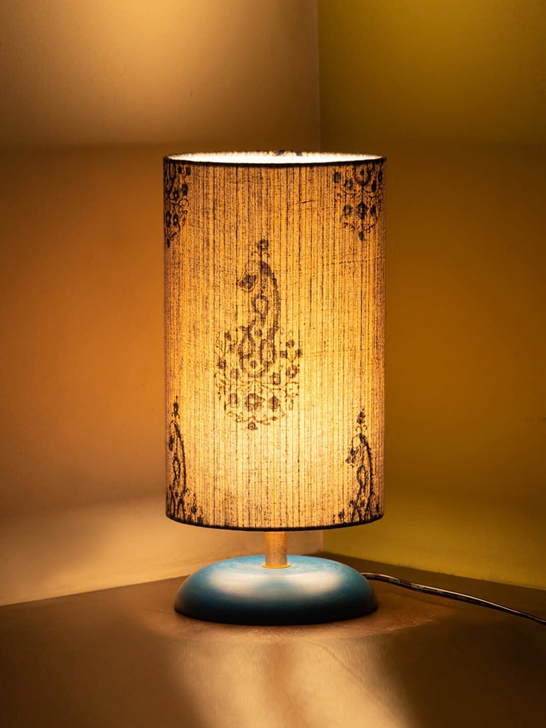ExclusiveLane Blue & White Printed USP Handcrafted Column Wooden Table Lamp with Shade Price in India