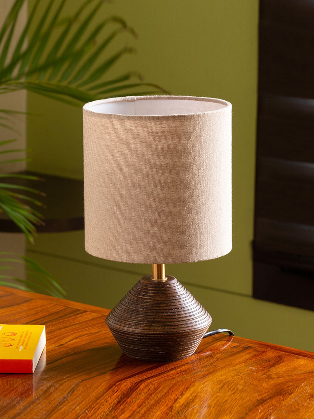 ExclusiveLane Cream-Coloured & Brown Contemporary USP Handcrafted Wooden Table Lamp Price in India