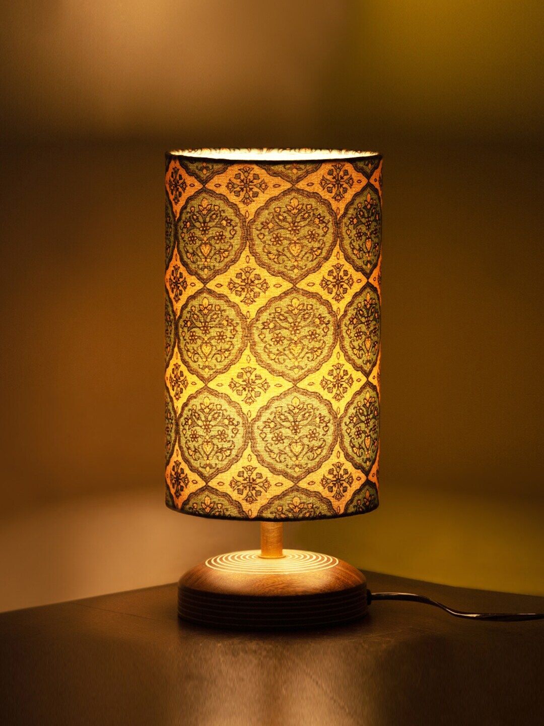ExclusiveLane Cream-Coloured  Turquoise Blue Printed Handcrafted Column Wooden Table Lamp Price in India