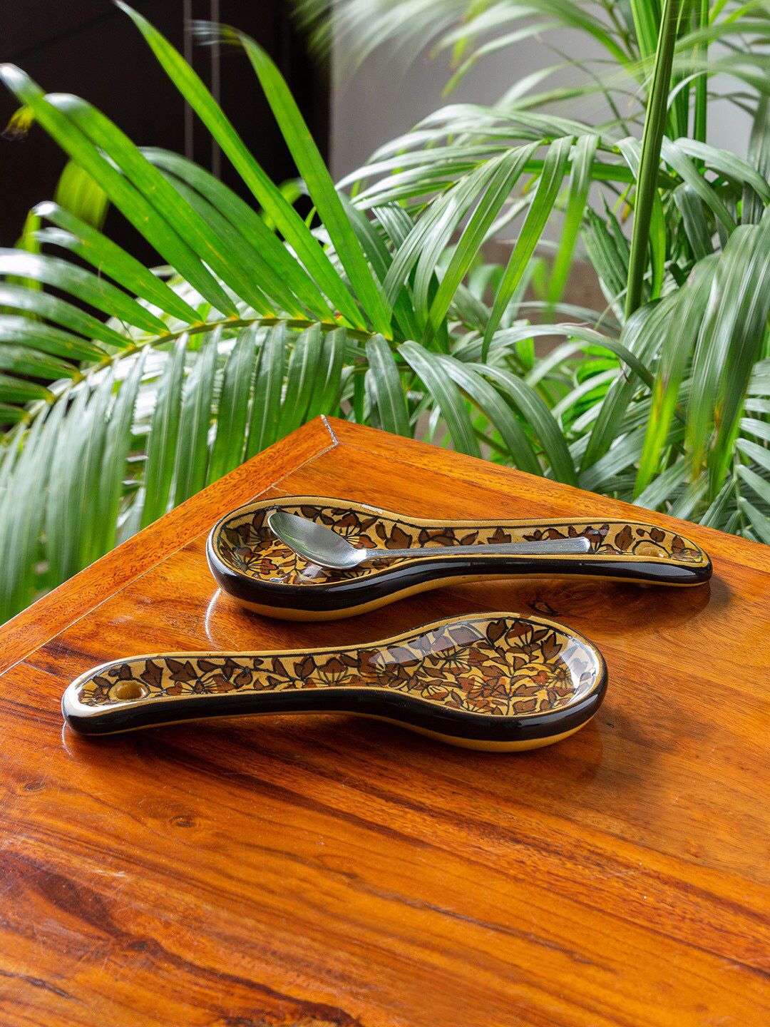 ExclusiveLane Brown & Beige 2 Pieces Handcrafted & Hand Painted Ceramic Glossy Spoon Rest Price in India