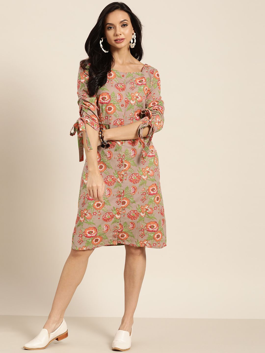 Sangria Beige & Orange Floral Print Pure Cotton A-Line Dress Price in India