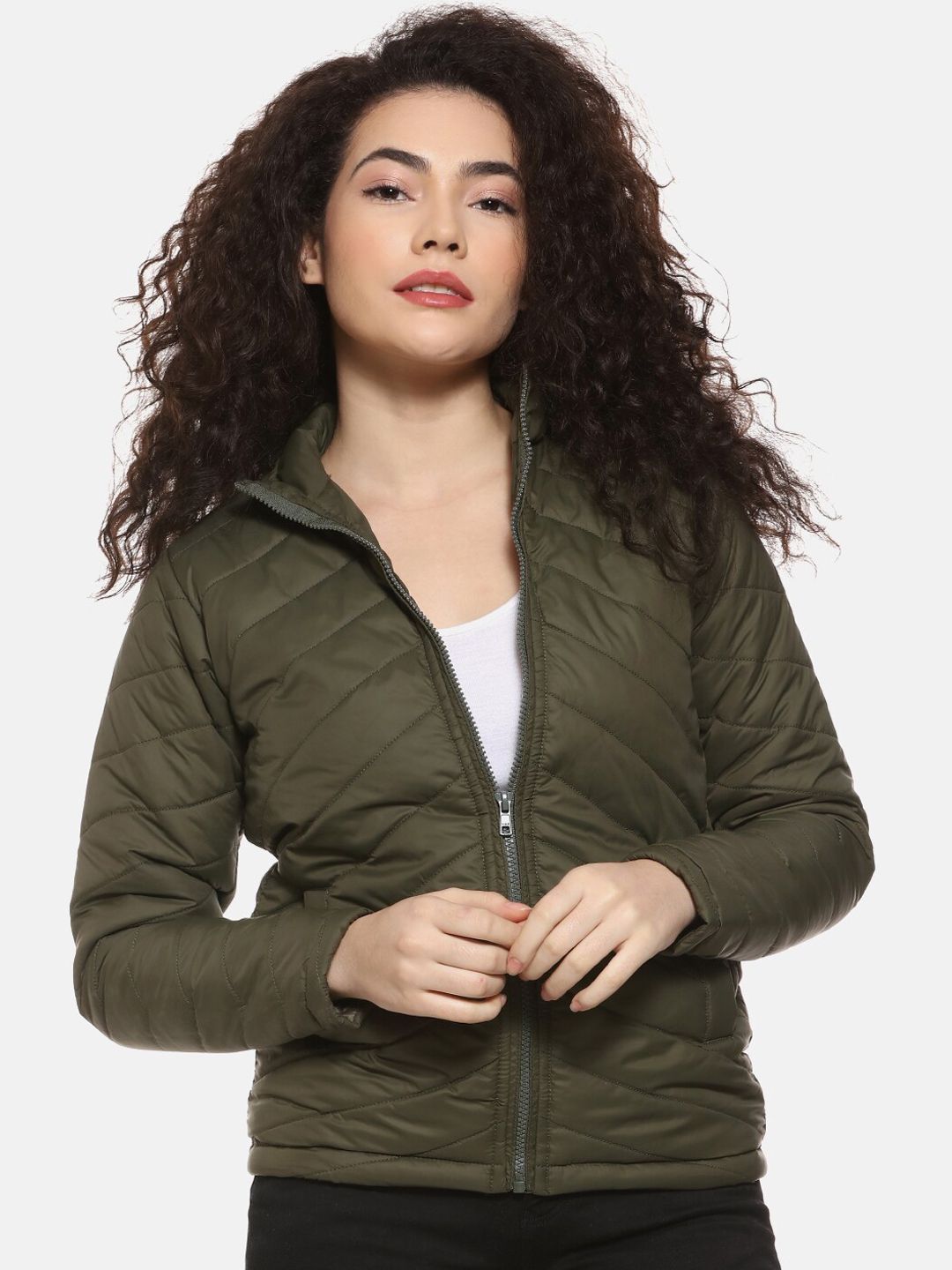 Campus Sutra Women Olive Green Padded Jacket Price in India