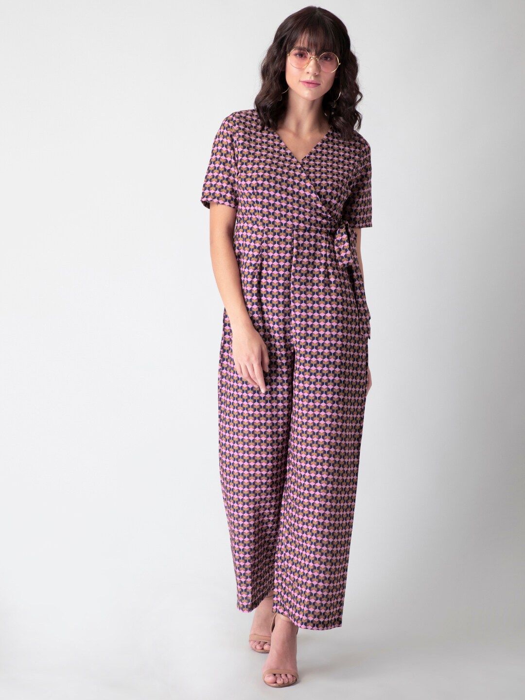 FabAlley Pink & Navy Blue Printed Basic Jumpsuit Price in India