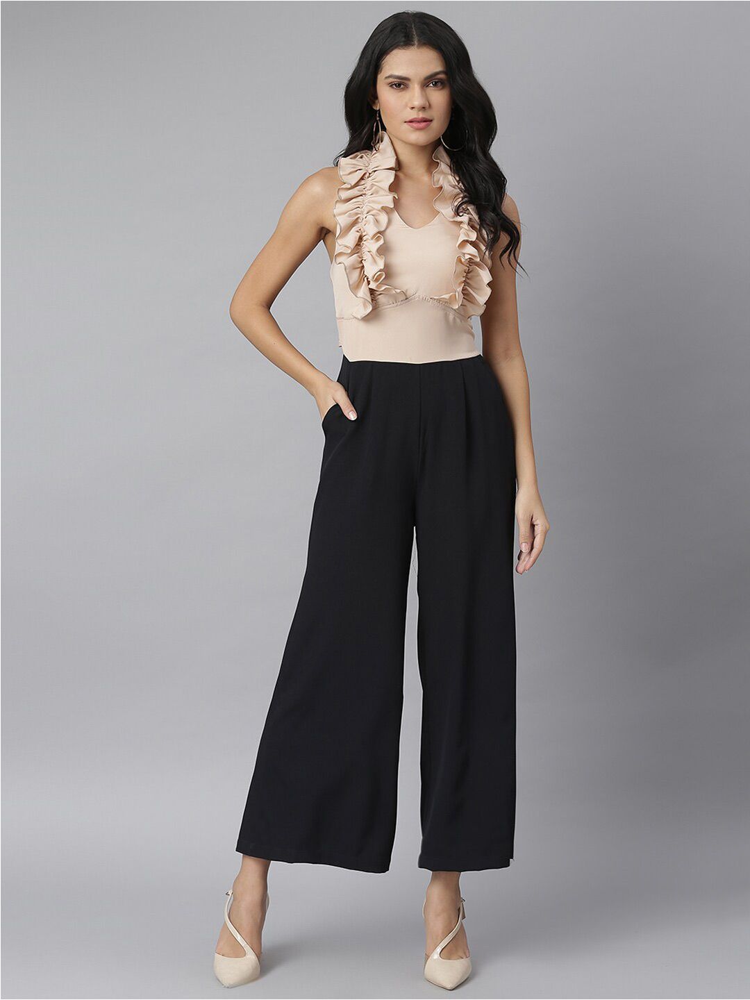 KASSUALLY Beige & Black Basic Jumpsuit with Ruffles Price in India