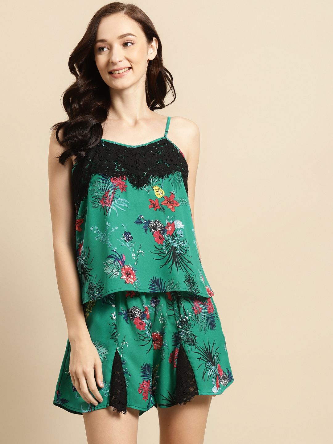 WoowZerz Women Green & Black Floral Print Night suit Price in India