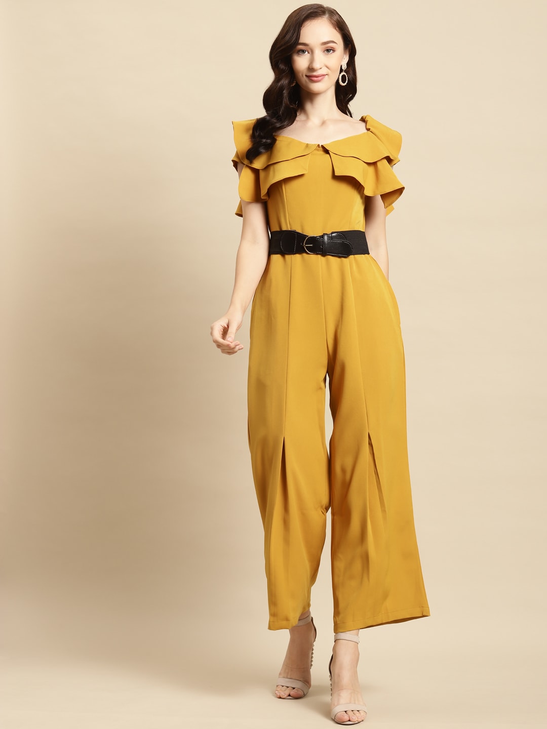 WoowZerz Mustard Yellow Basic Jumpsuit with Ruffles Price in India