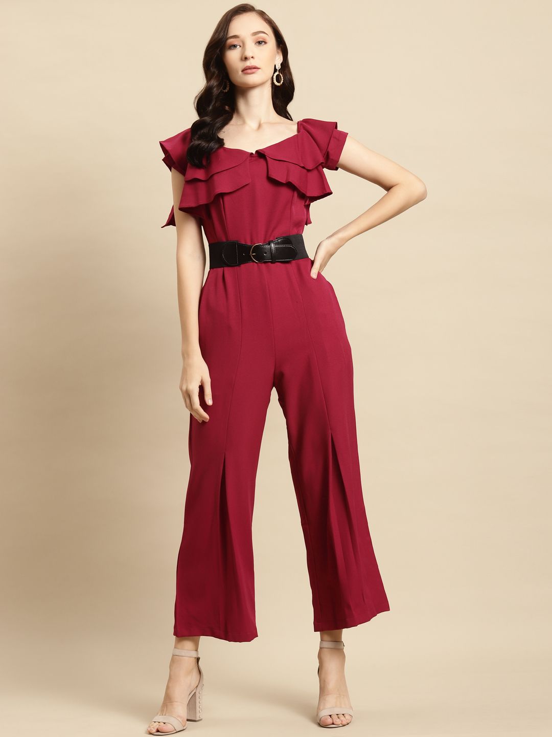 WoowZerz Maroon Basic Jumpsuit with Ruffles Price in India