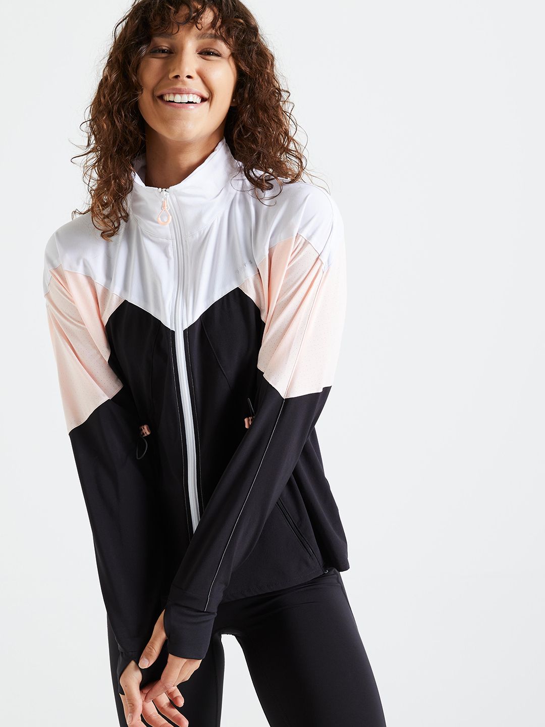 Domyos By Decathlon Women White & Pink Colourblocked Training or Gym Sporty Jacket Price in India
