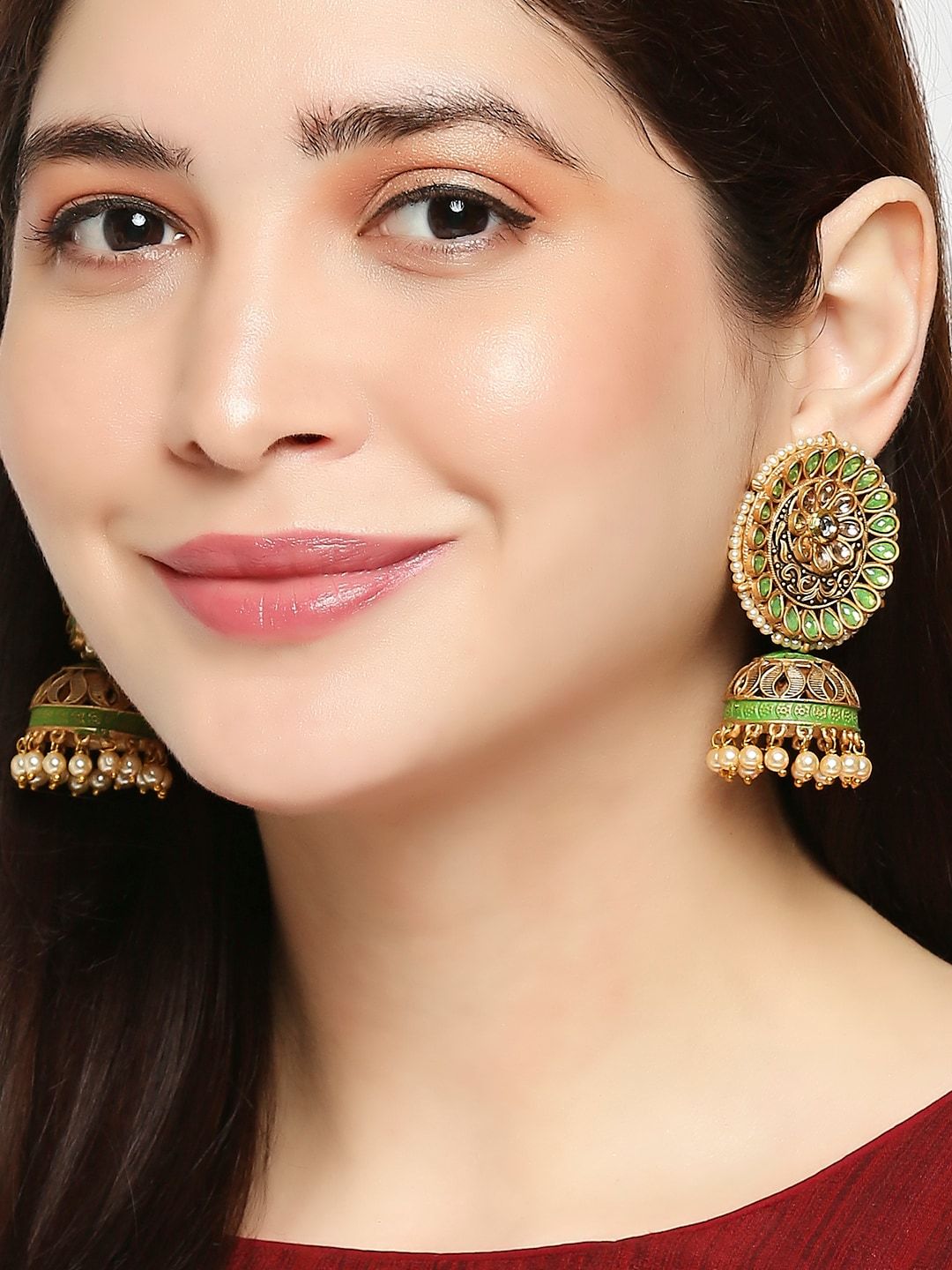 OOMPH Women Green Meenakari Enamel Jhumkas Earrings Price in India
