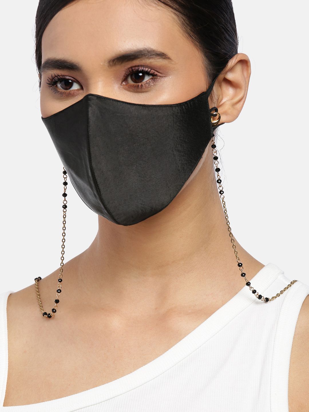 Blueberry Women Black Solid Satin Reusable 2-Ply Cloth Mask with Gold-Plated Beaded Chain Price in India