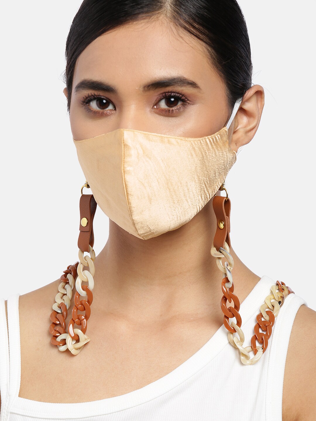 Blueberry Women Beige Solid Satin Reusable 2-Ply Cloth Mask with Brown & Beige Chain Price in India