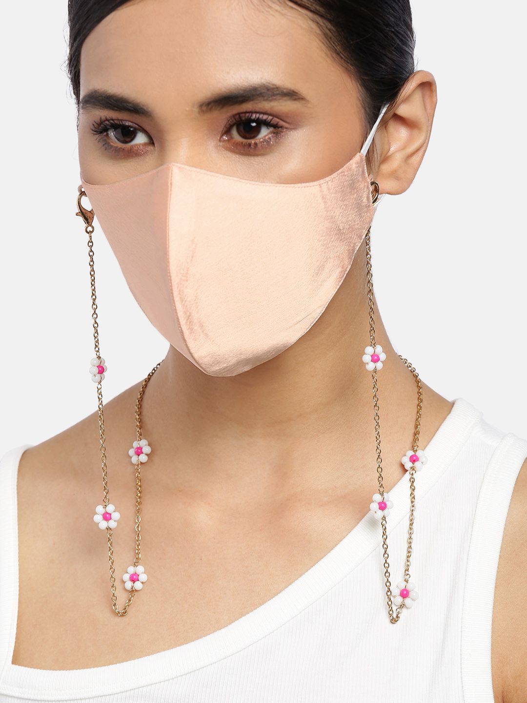 Blueberry Women Peach-Coloured Solid Satin Reusable 2-Ply Cloth Mask & Gold-Plated Chain Price in India