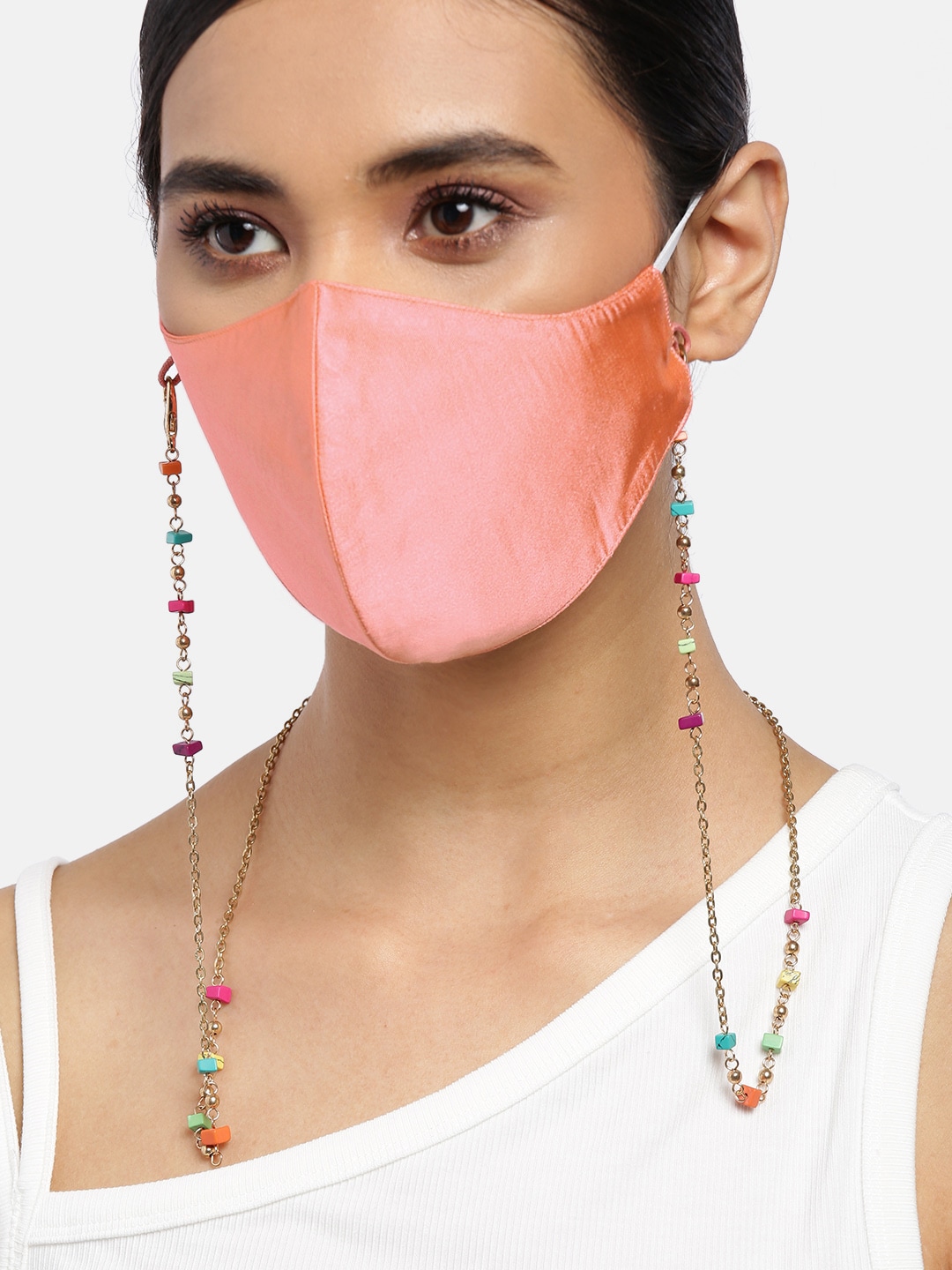Blueberry Women Peach-Coloured Satin Reusable 2-Ply Cloth Mask & Gold-Plated Beaded Chain Price in India