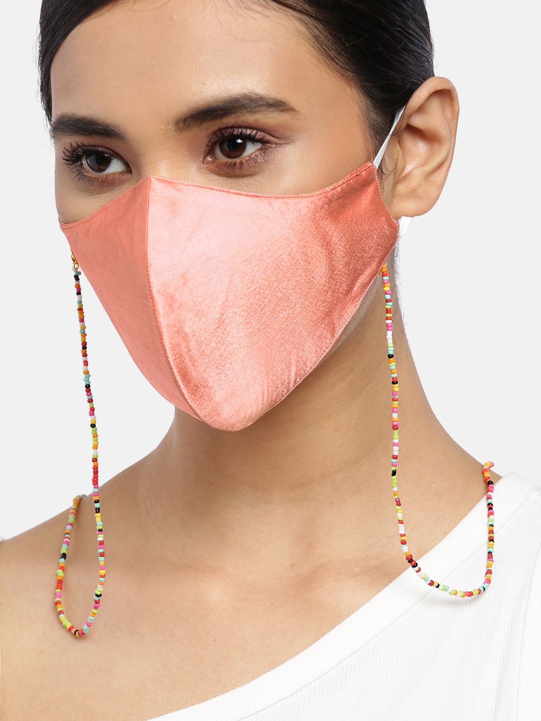 Blueberry Women Peach-Coloured Satin Reusable 2-Ply Cloth Mask & Gold-Plated Beaded Chain Price in India