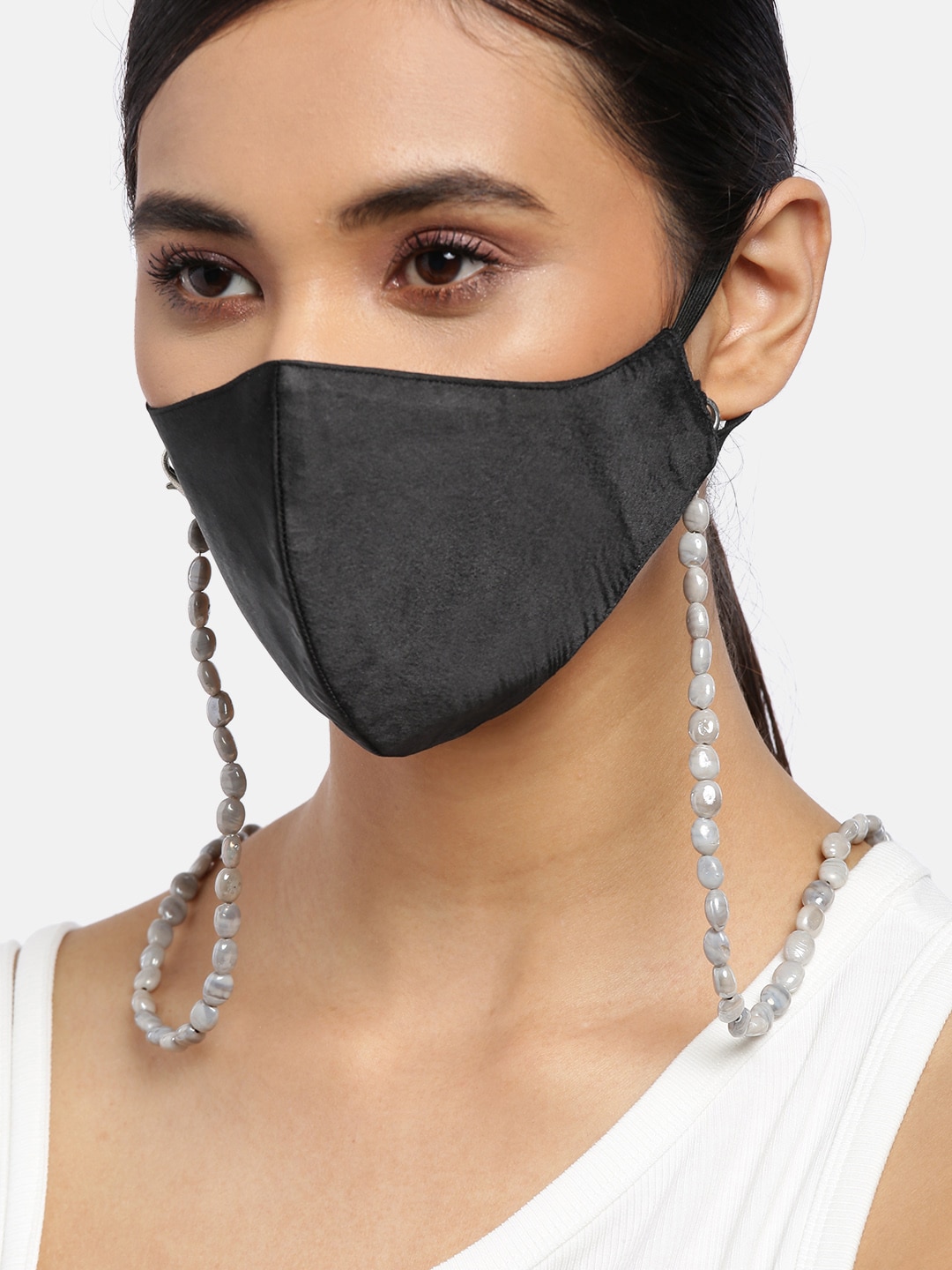 Blueberry Women Black Solid Satin Reusable 2-Ply Cloth Mask with Grey Beaded Chain Price in India