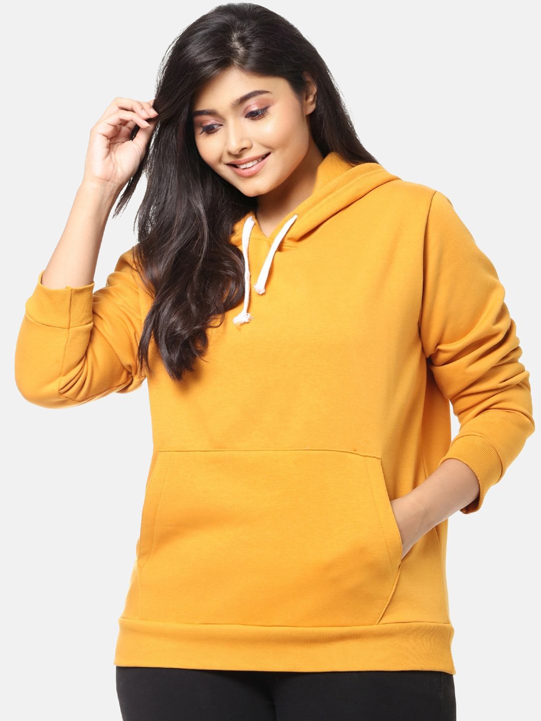 Instafab Plus Women Mustard Solid Hooded Pullover Sweatshirt Price in India