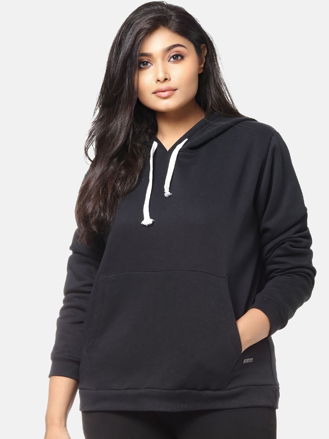 Instafab Plus Women Black Solid Hooded Pullover Sweatshirt Price in India