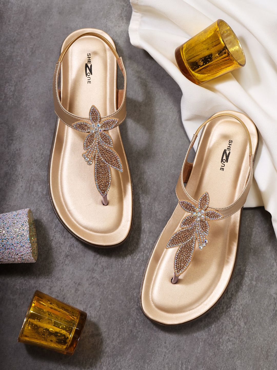 Shezone Women Gold-Toned Embellished Open Toe Flats Price in India