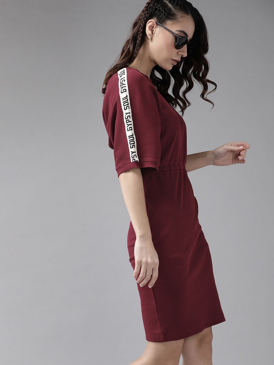 Roadster Maroon Solid Ribbed Sheath Dress with Cut Out Detail Price in India