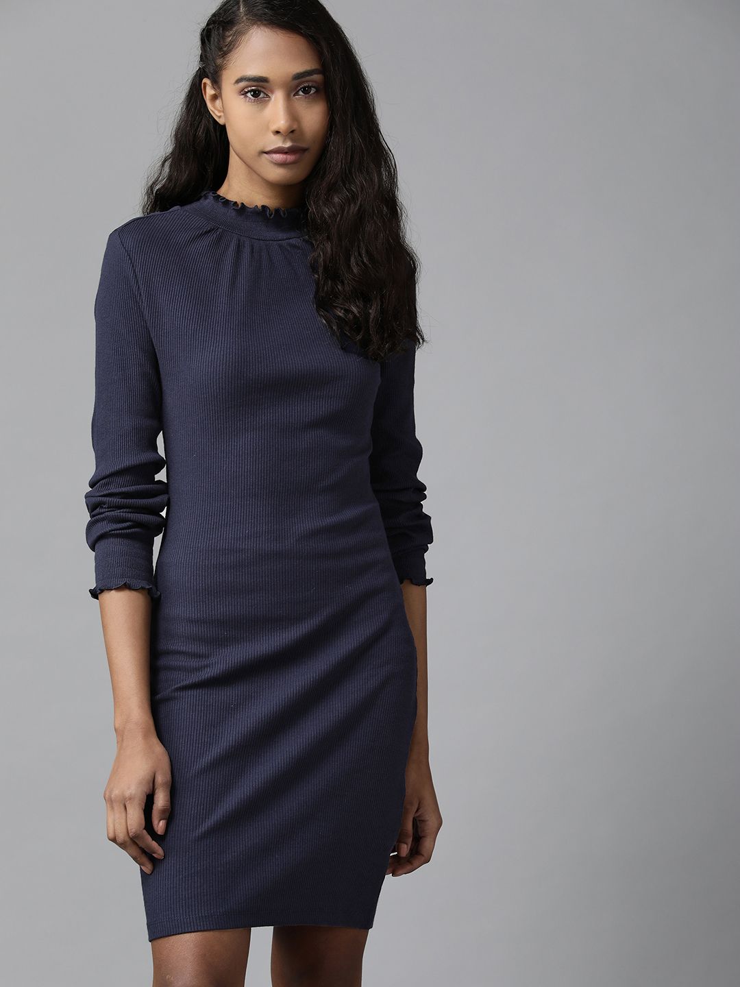 Roadster Women Navy Blue Solid Ribbed Sheath Dress Price in India