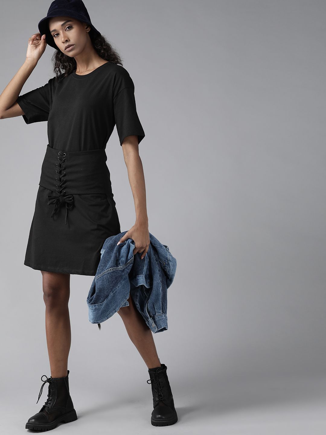 Roadster Black Solid Lace-Up A-Line Dress Price in India