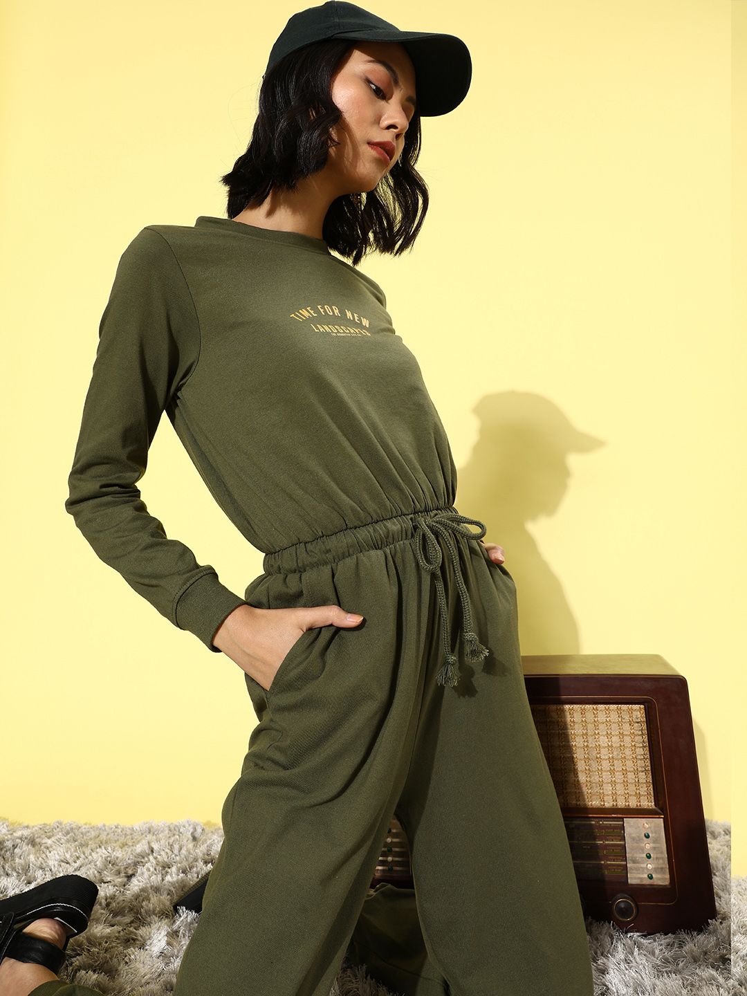 Roadster Olive Green Printed Basic Jumpsuit Price in India