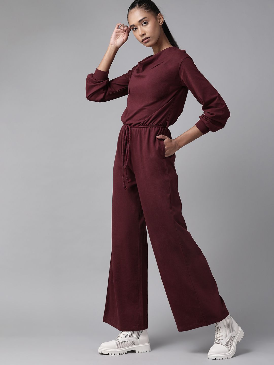 Roadster Women Burgundy Solid Cowl Neck Basic Jumpsuit with Belt Price in India