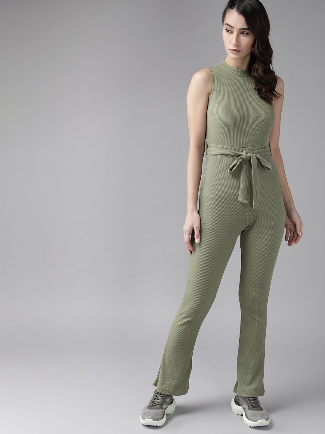Roadster Olive Green Ribbed Basic Belted Jumpsuit Price in India