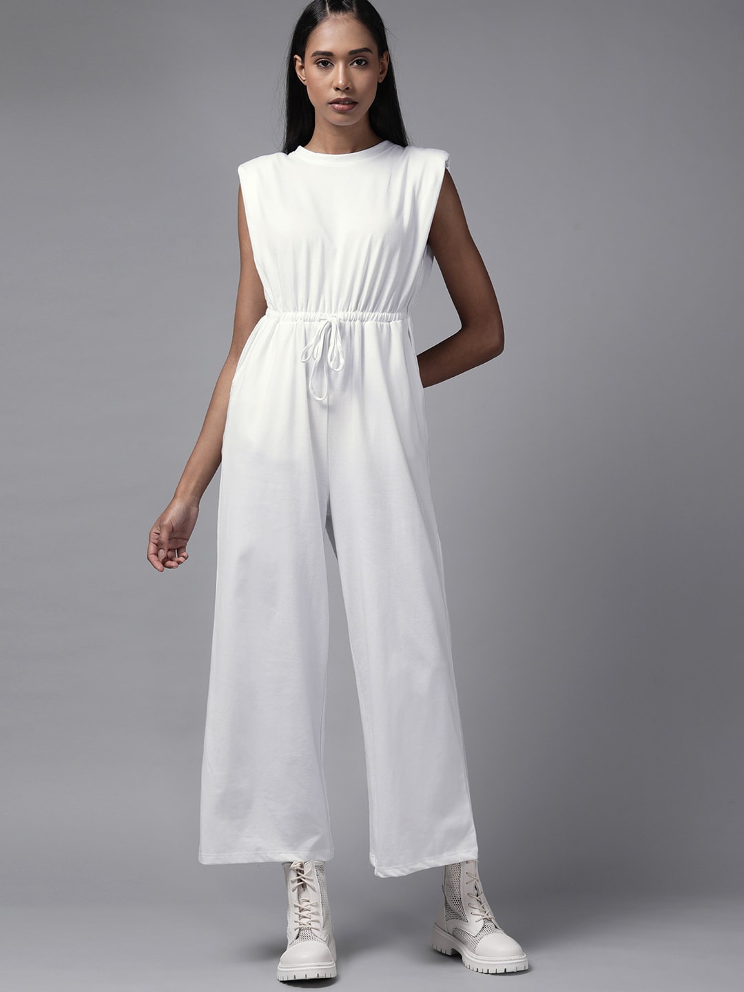 Roadster Women White Solid Padded Shoulder Basic Jumpsuit Price in India