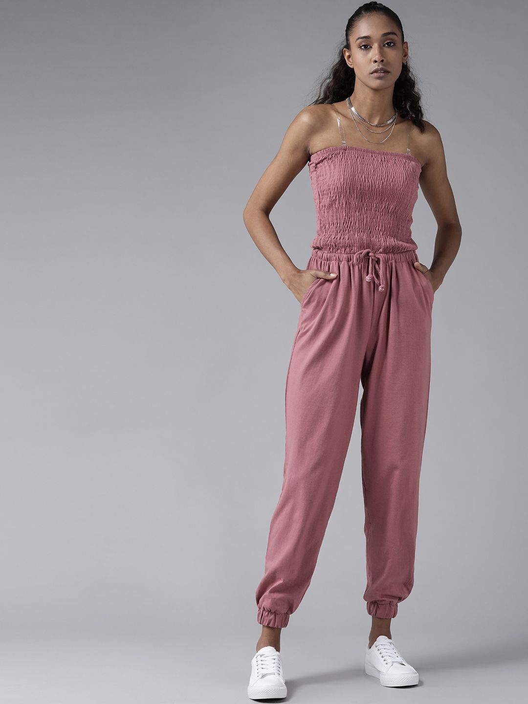 Roadster Women Rose Solid Smokced Basic Jumpsuit Price in India