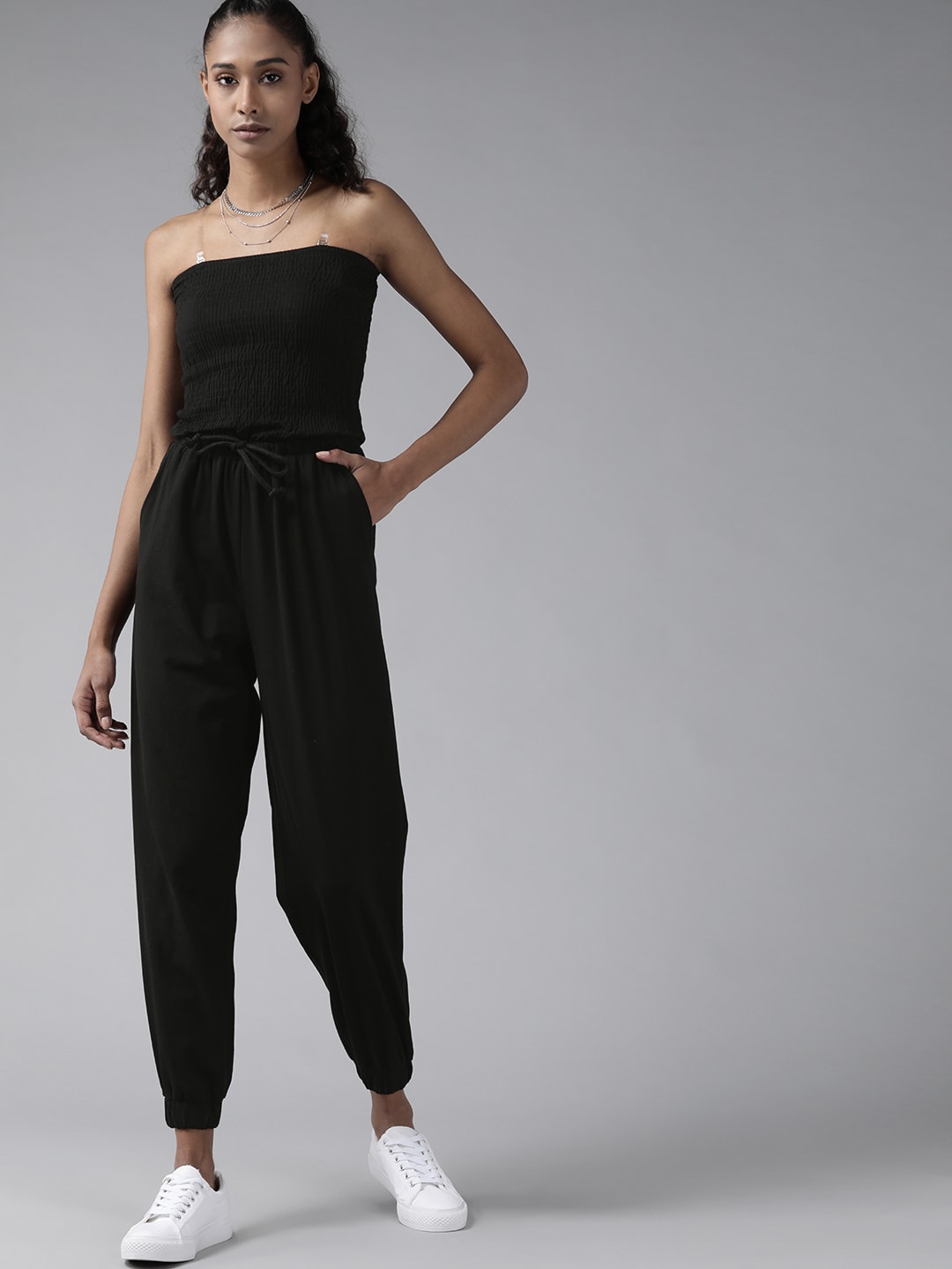 Roadster Women Black Solid Smocked Basic Jumpsuit Price in India