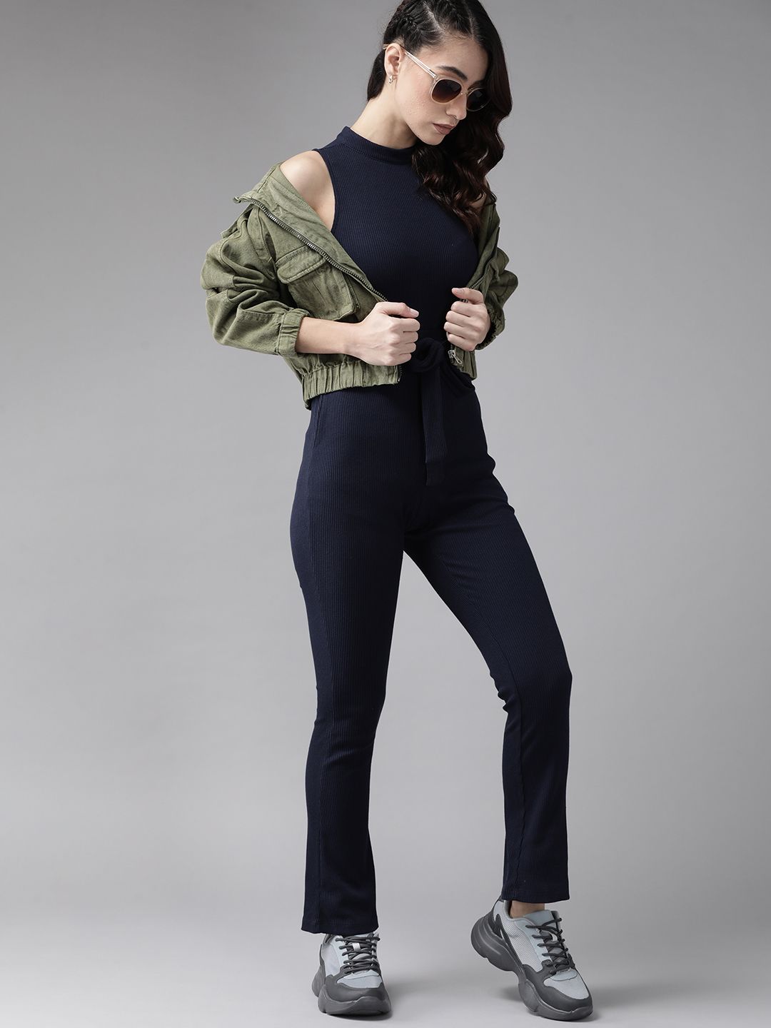 Roadster Navy Blue Solid Ribbed Jumpsuit Price in India