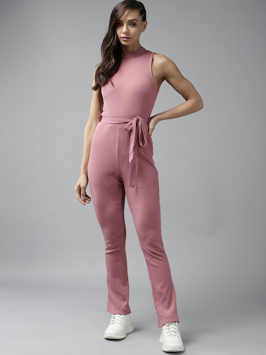 Roadster Dusty Pink Ribbed Flared Basic Jumpsuit with Belt Price in India