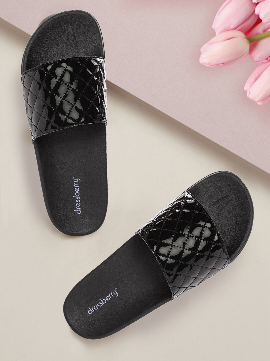 DressBerry Women Black Quilted Sliders with Patent Effect Price in India