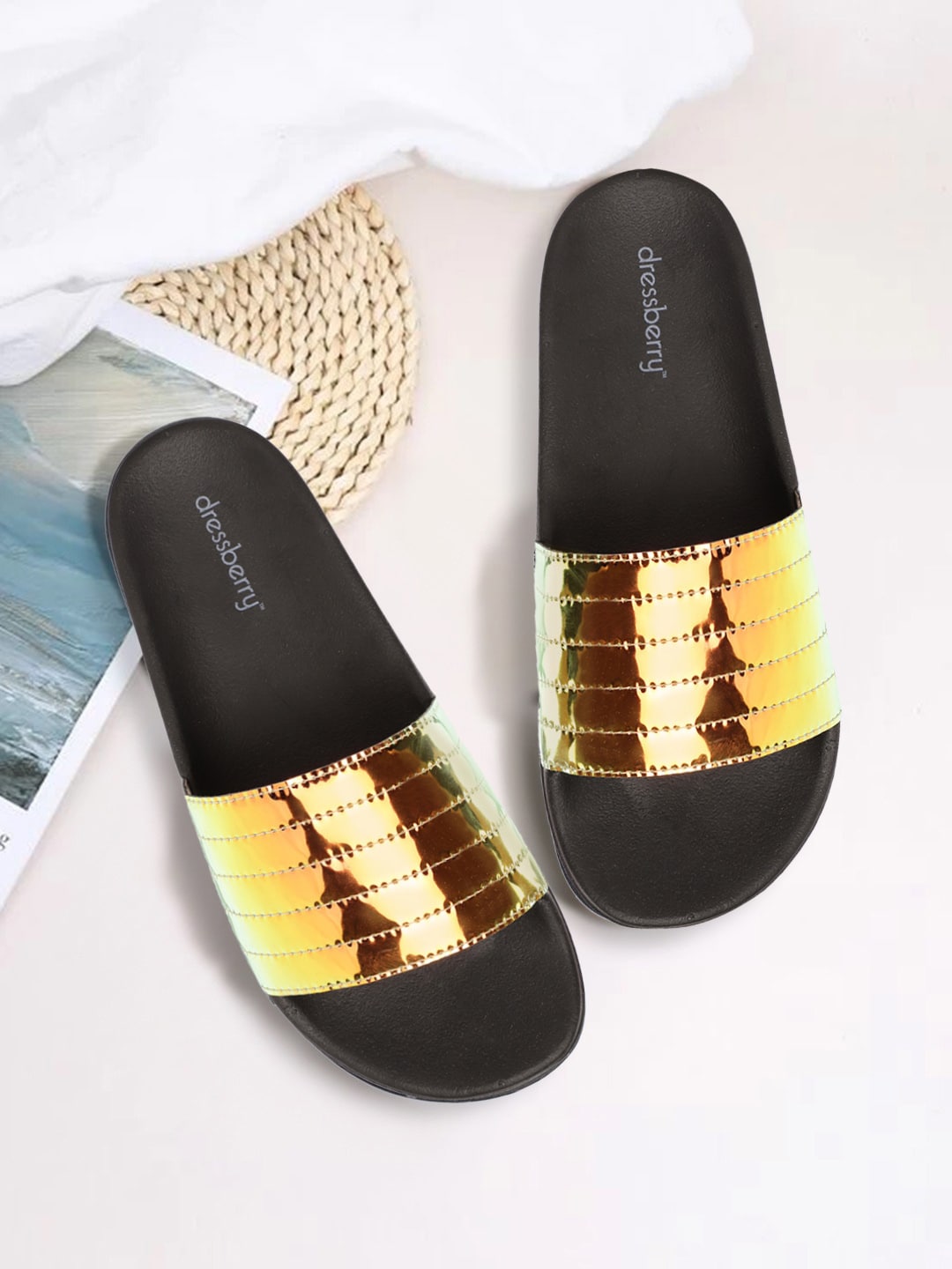 DressBerry Women Gold-Toned Quilted Sliders Price in India