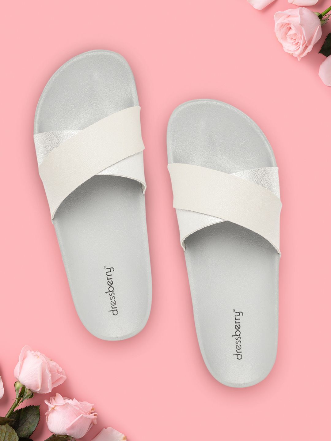 DressBerry Women Silver-Toned & Grey Sliders Price in India