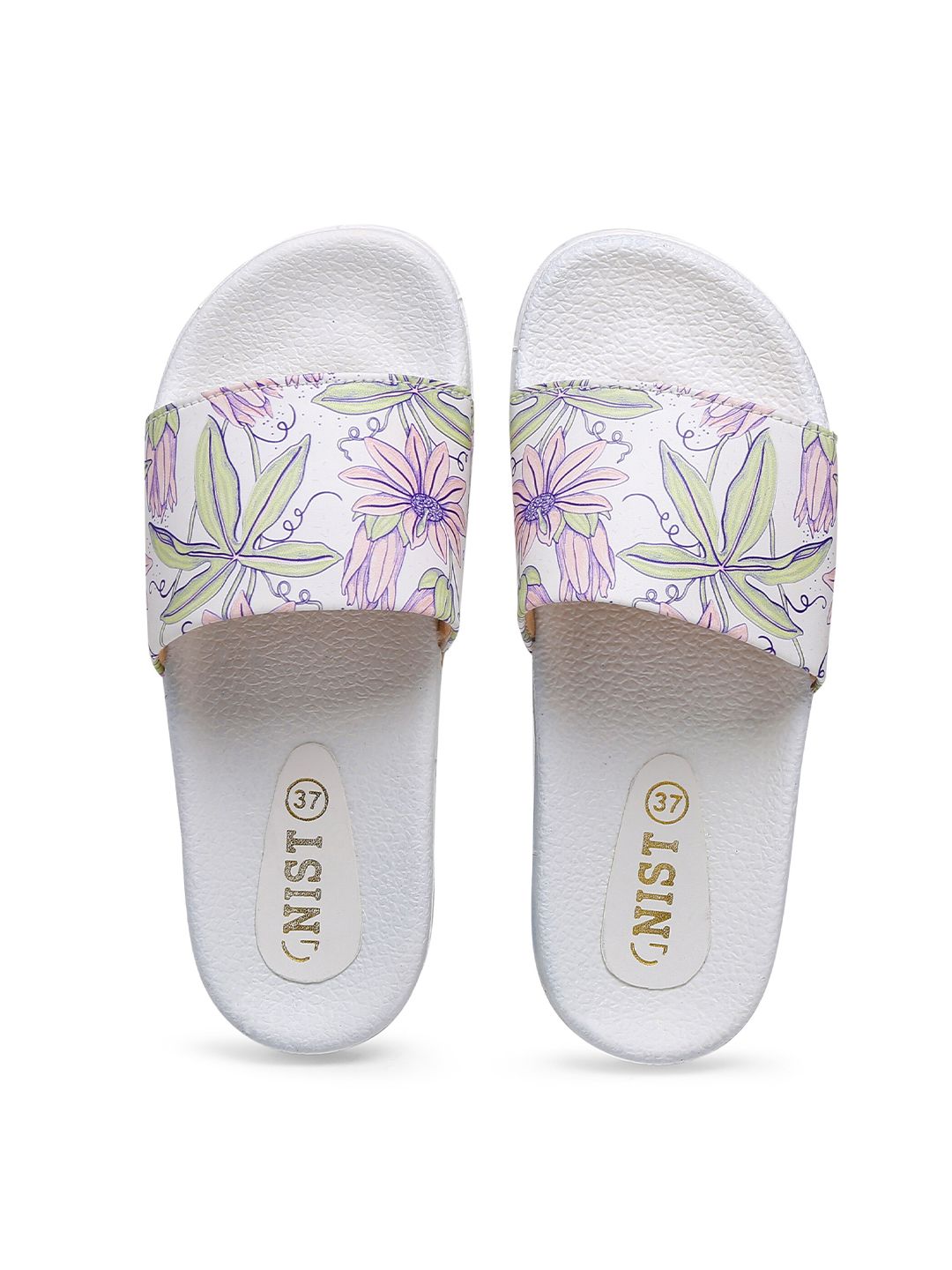 GNIST Women White & Green Floral Printed Sliders Price in India