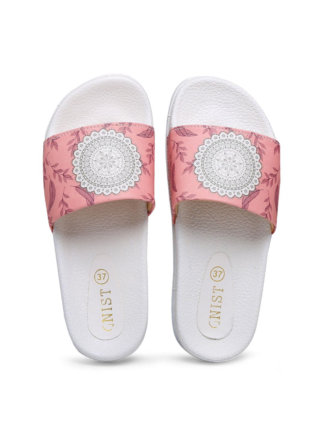 GNIST Women White & Pink Leaf Printed Sliders Price in India