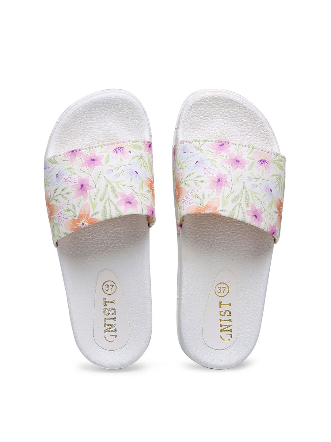 GNIST Women White & Pink Printed Sliders Price in India