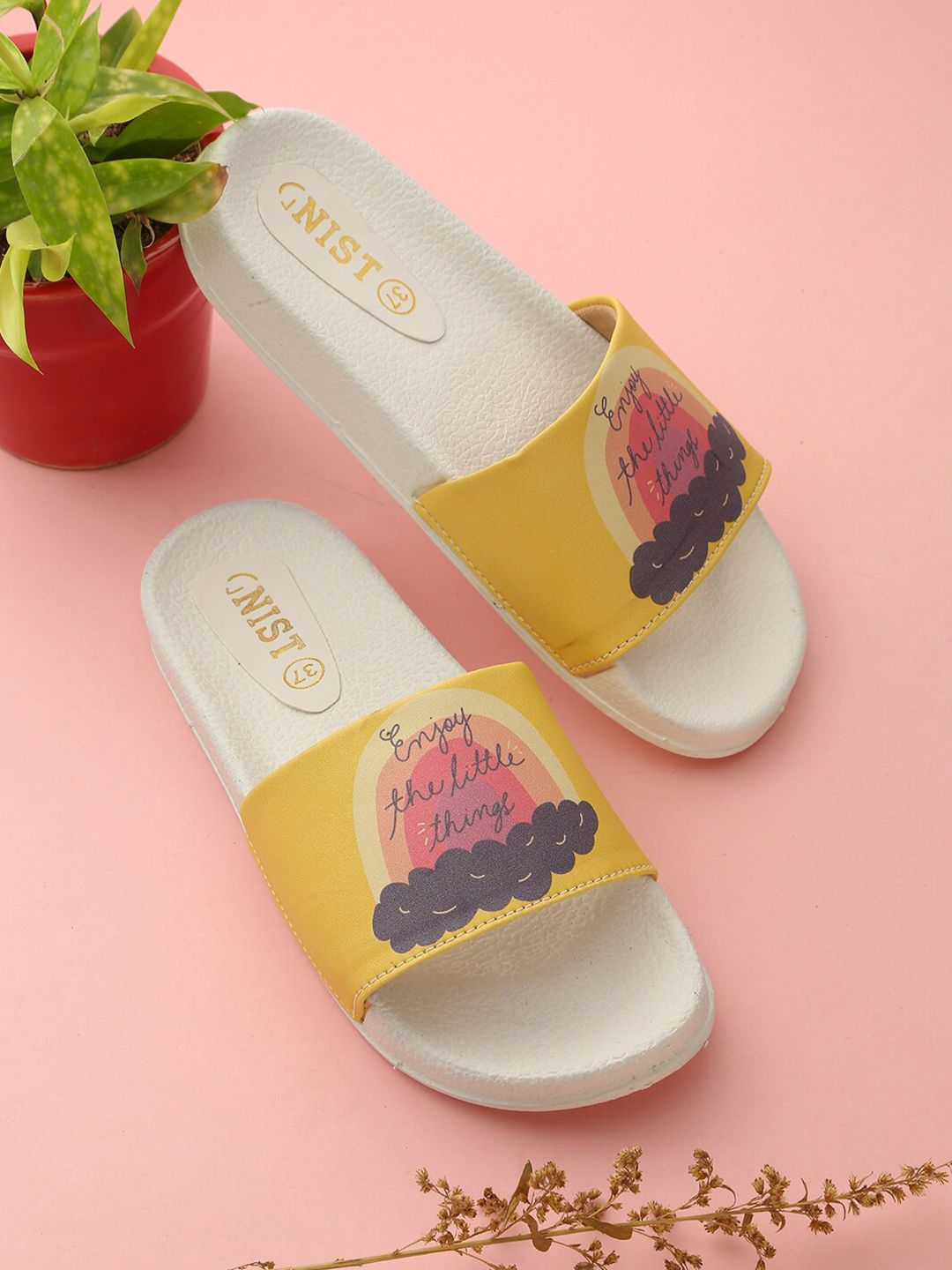 GNIST Women White & Yellow Printed Sliders Price in India