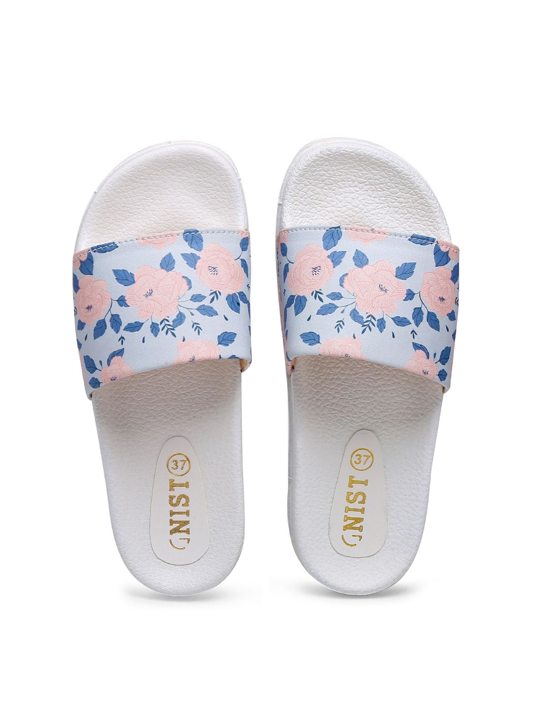 GNIST Women White & Blue Floral Printed Sliders Price in India