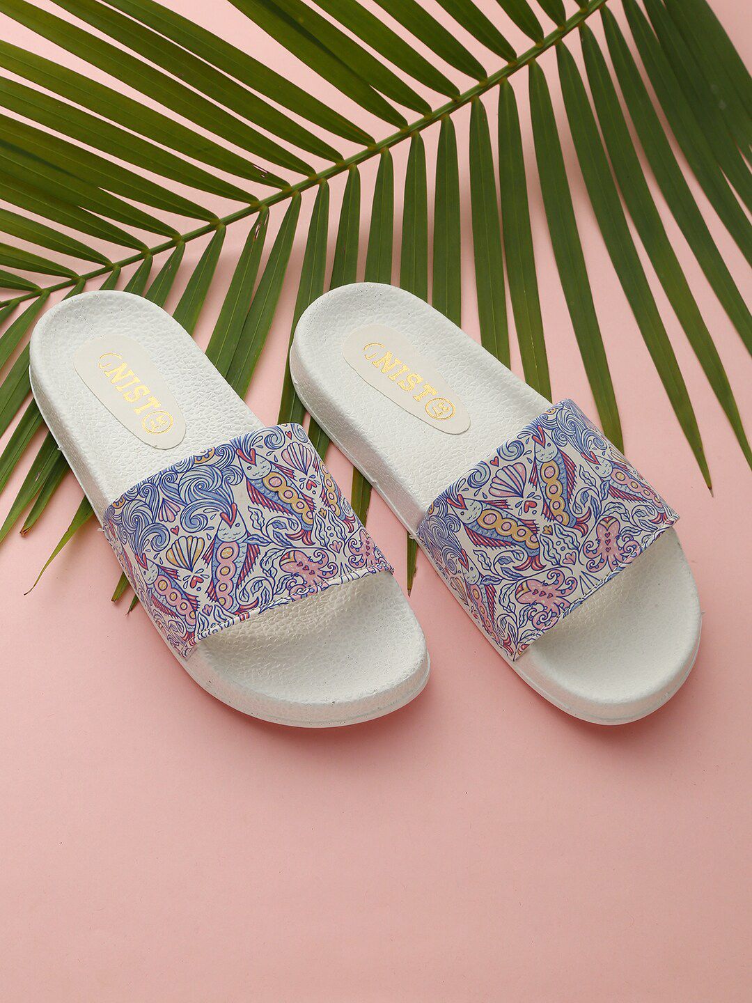 GNIST Women White & Blue Exotic Art Printed Sliders Price in India