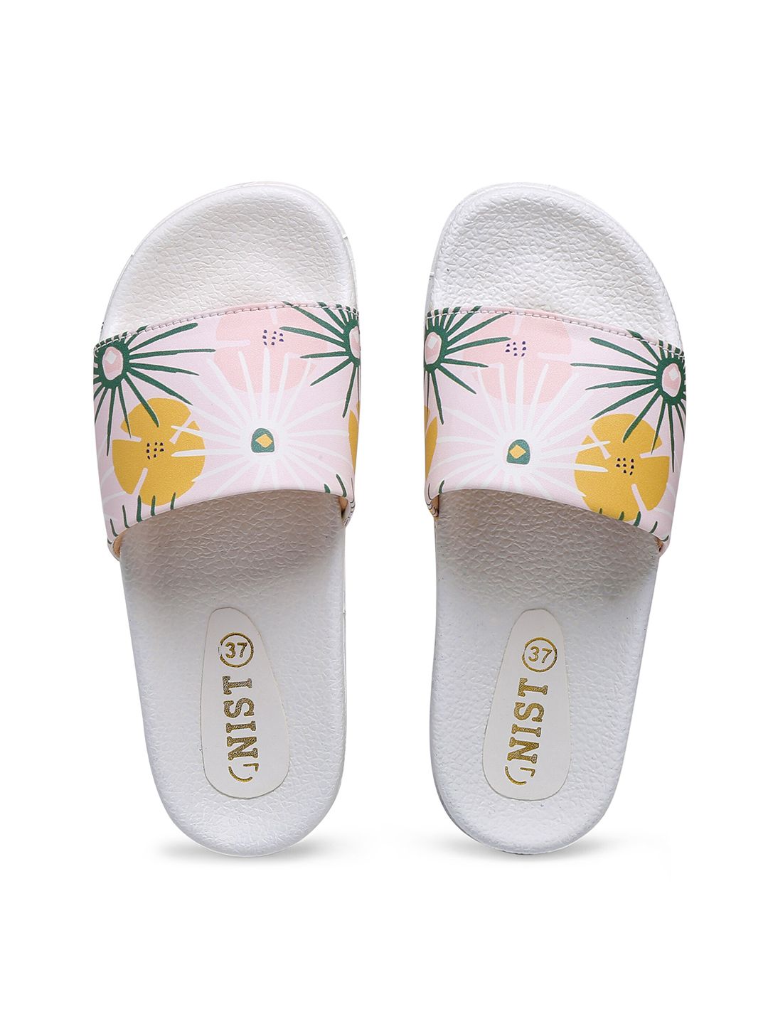 GNIST Women White & Pink Printed Sliders Price in India