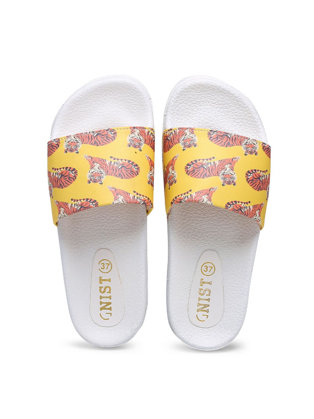 GNIST Women White & Yellow Printed Sliders Price in India