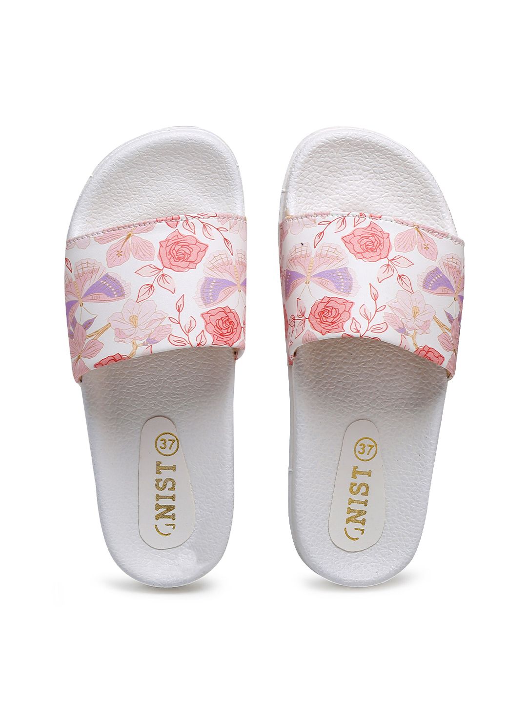 GNIST Women White & Pink Printed Sliders Price in India