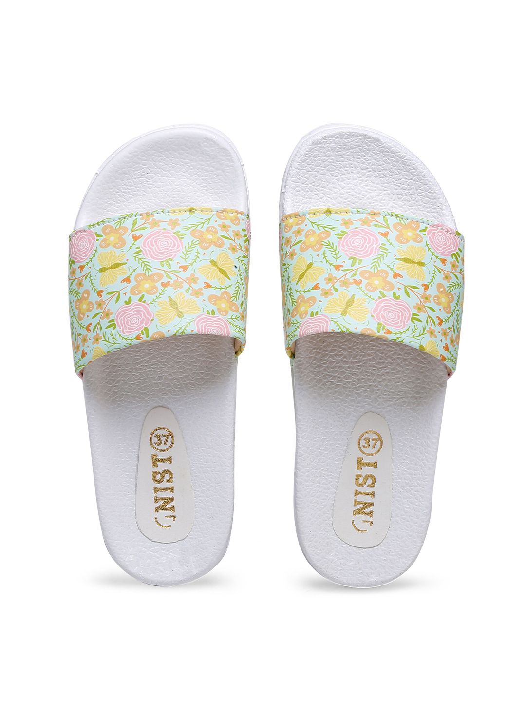 GNIST Women White & Green Floral Printed Sliders Price in India