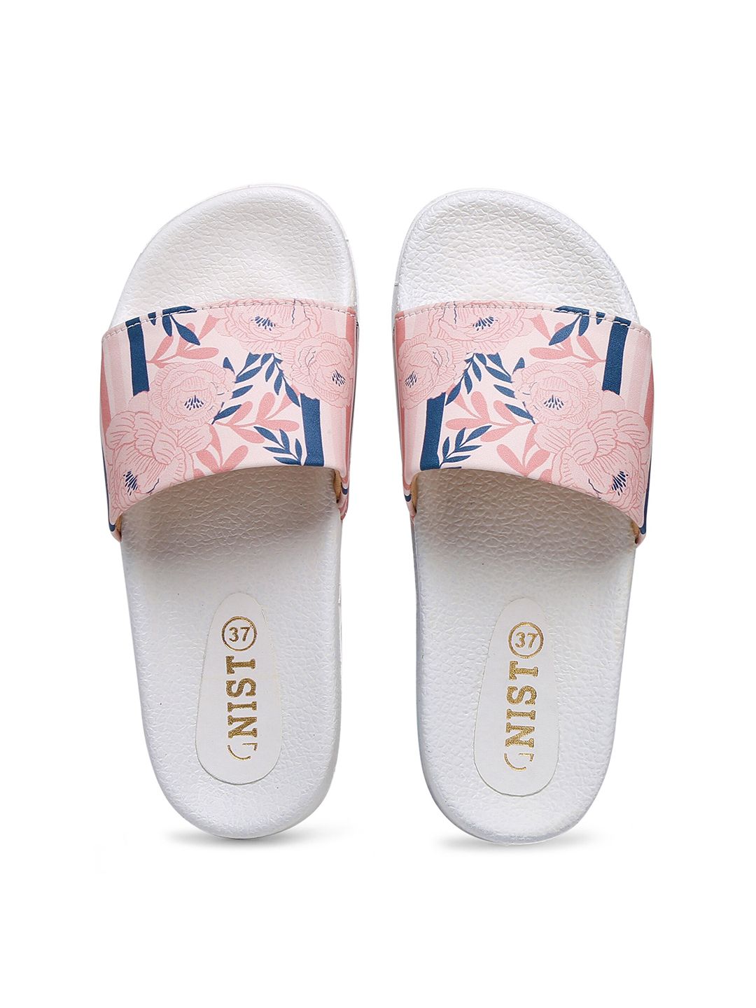 GNIST Women White & Pink Printed Sliders Price in India