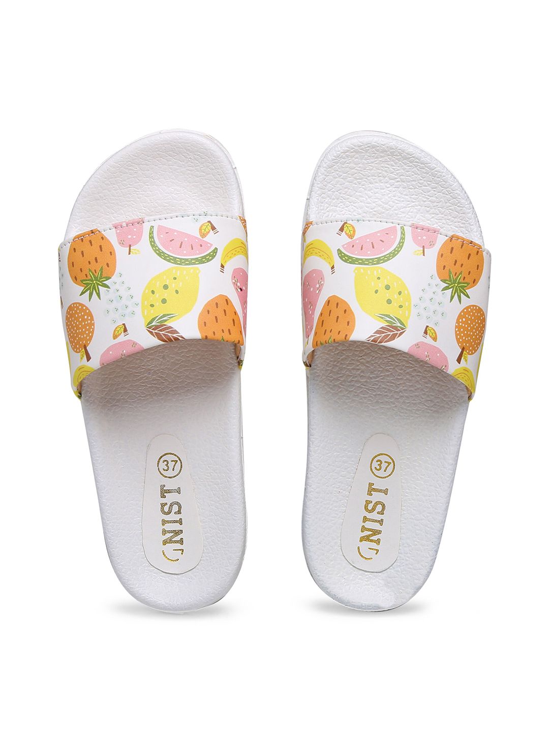 GNIST Women White & Orange Printed Sliders Price in India