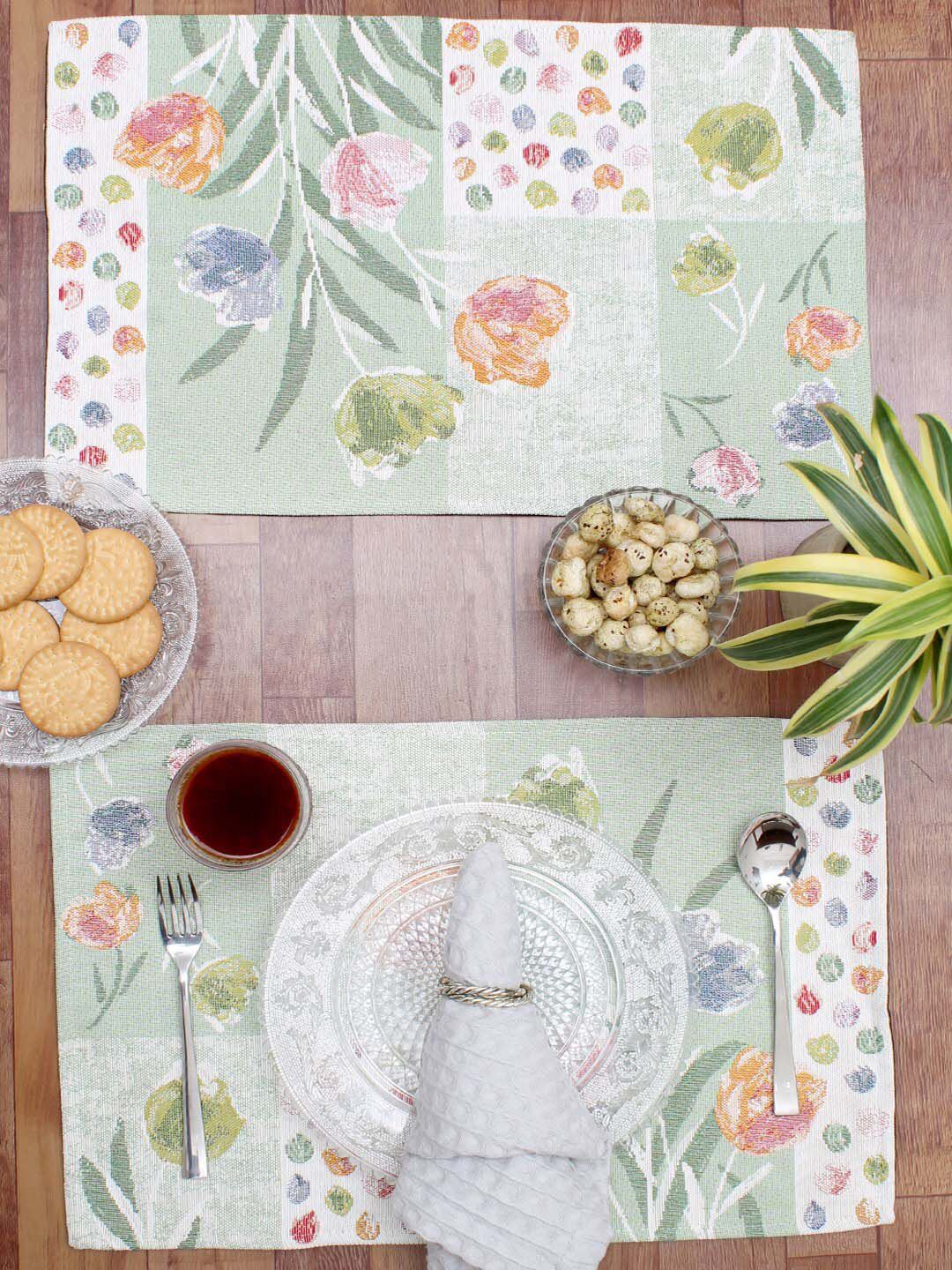 AVI Living Set Of 4 White & Green Jacquard Dreamy Floral Table Placemats Price in India
