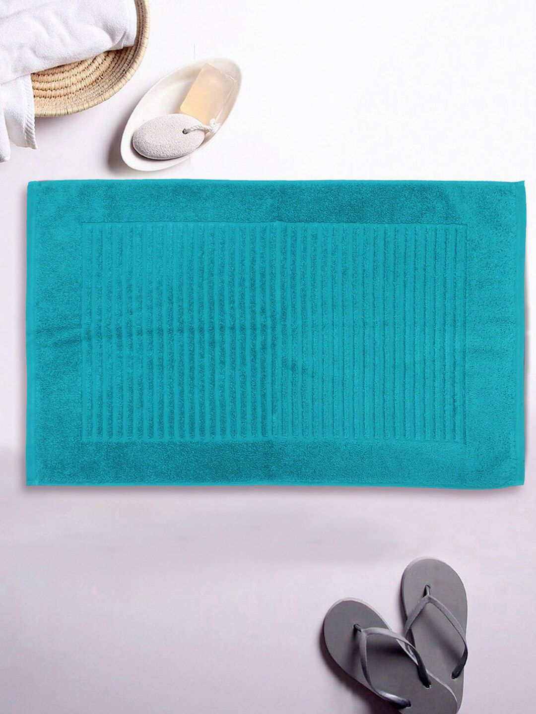 AVI Living Turquoise-Blue Ribbed 800GSM Pure Terry Cotton Bath Rug Price in India